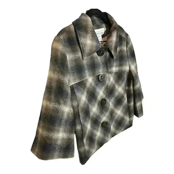 Elliott Lauren Women's Size 4 Plaid 100% Wool Flare Sleeve Crop Pea Coat Jacket - Picture 2 of 8